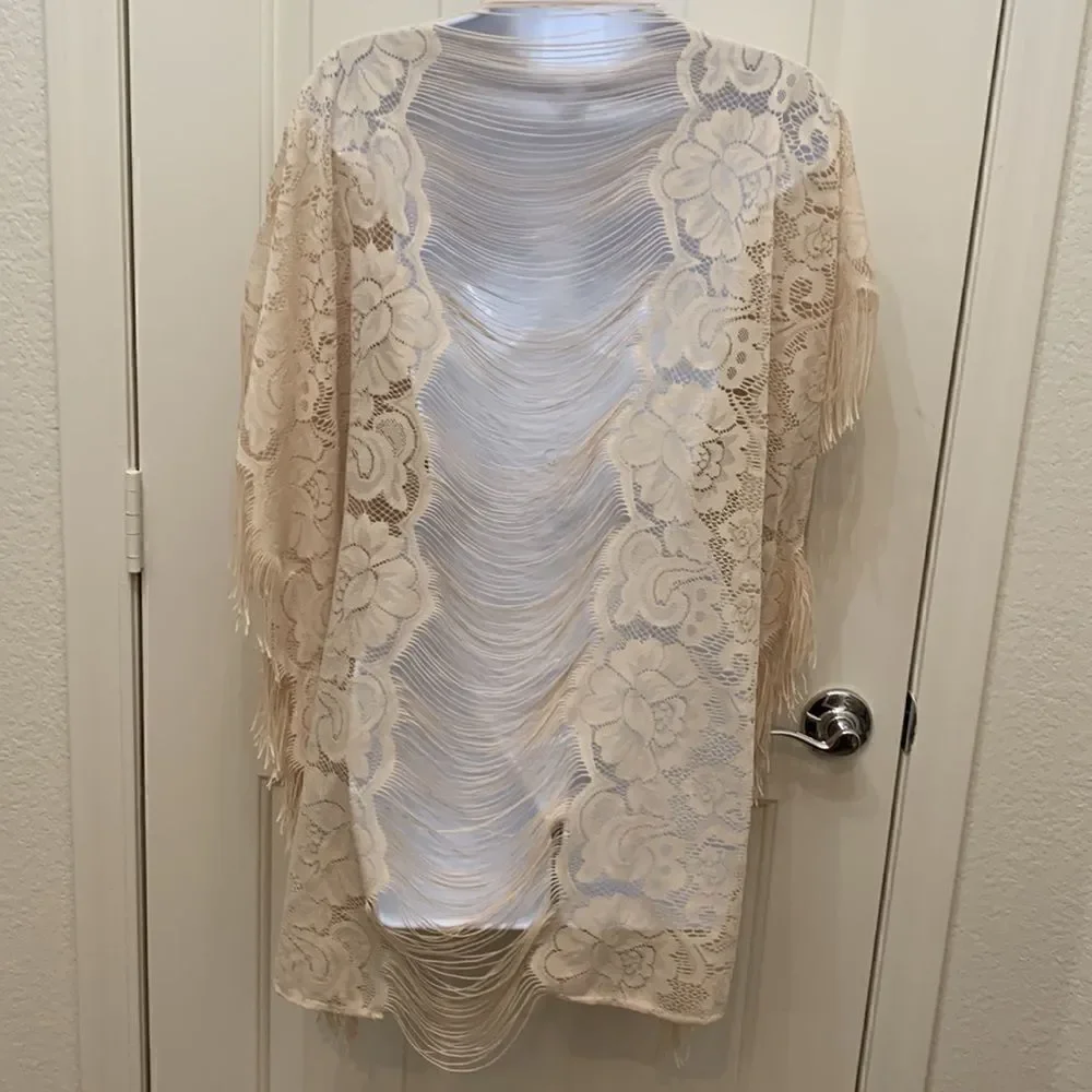Coco + Jaimeson One Size Woman’s Dress Pool Cover Up Unfinished Hem fringe Beige
